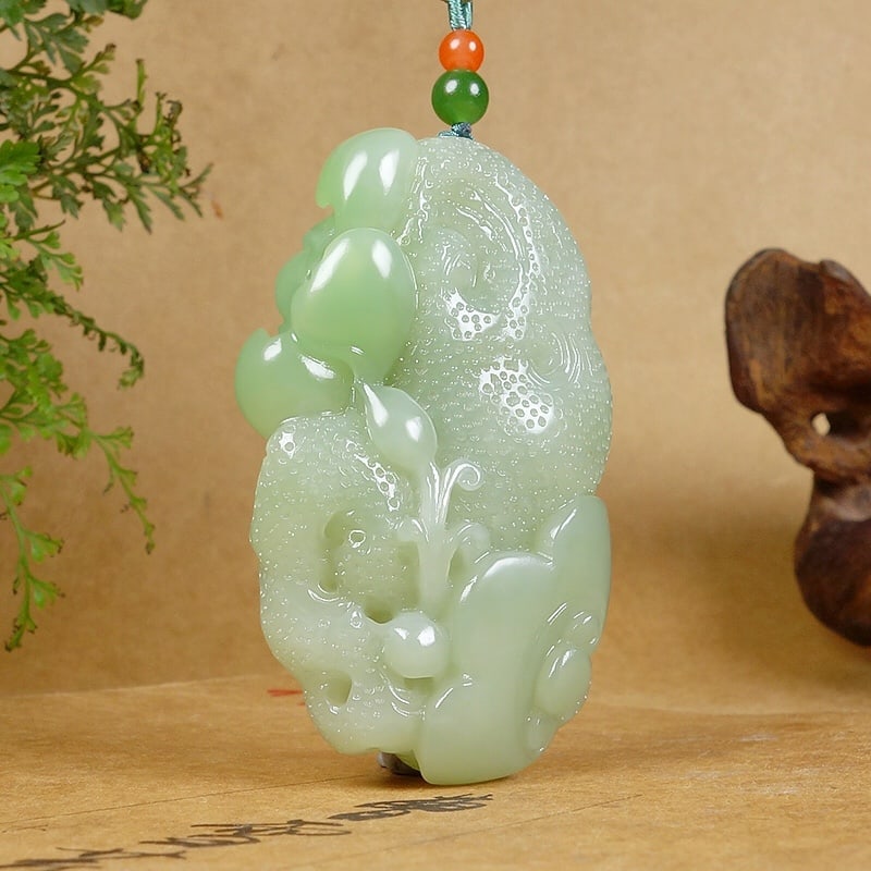 Natural Hetian Jade Hand-carved Lotus Pendant w Certificate - 5