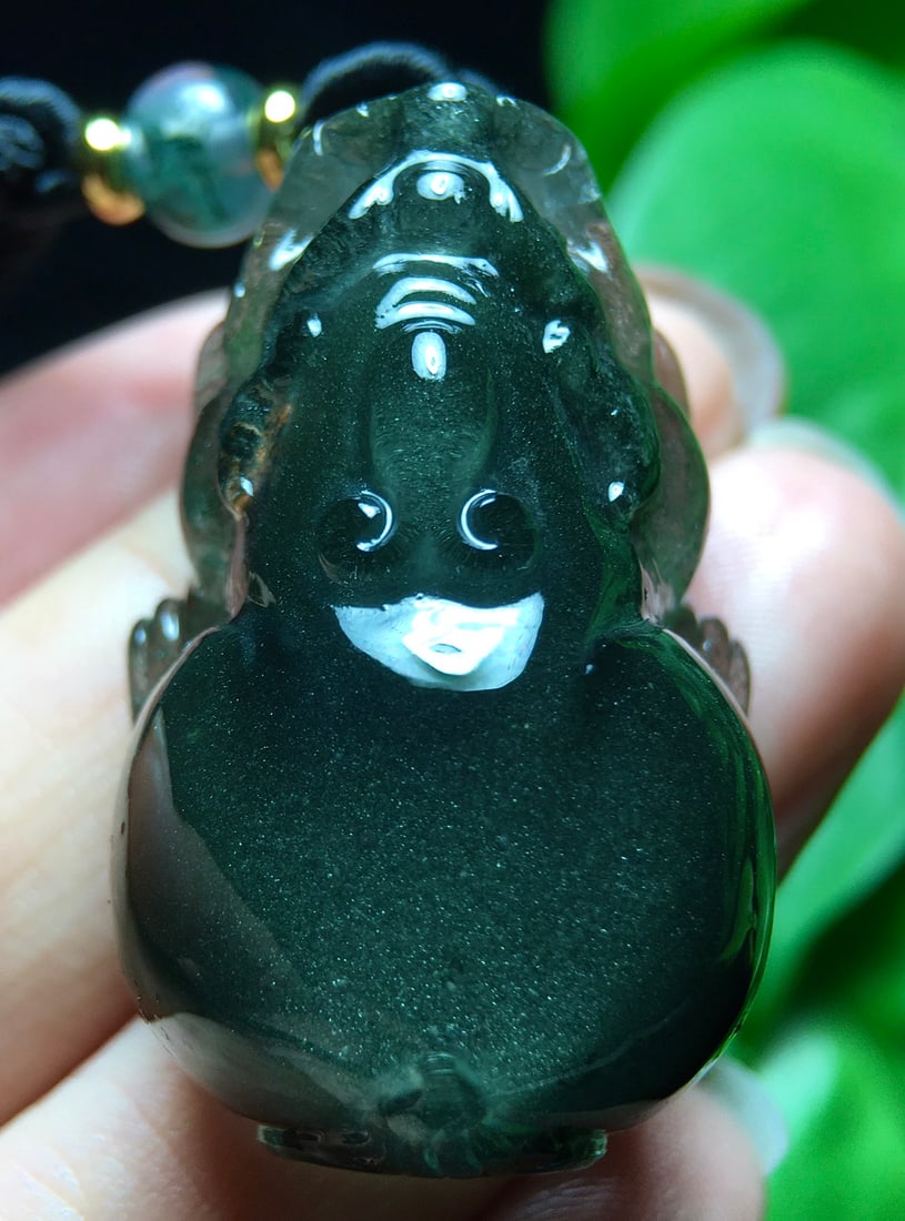 Green Crystal Hand-carved Pixiu Pendant w Certificate - 2