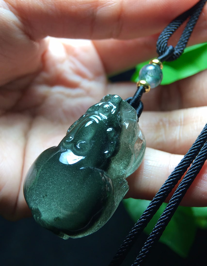 Green Crystal Hand-carved Pixiu Pendant w Certificate - 5