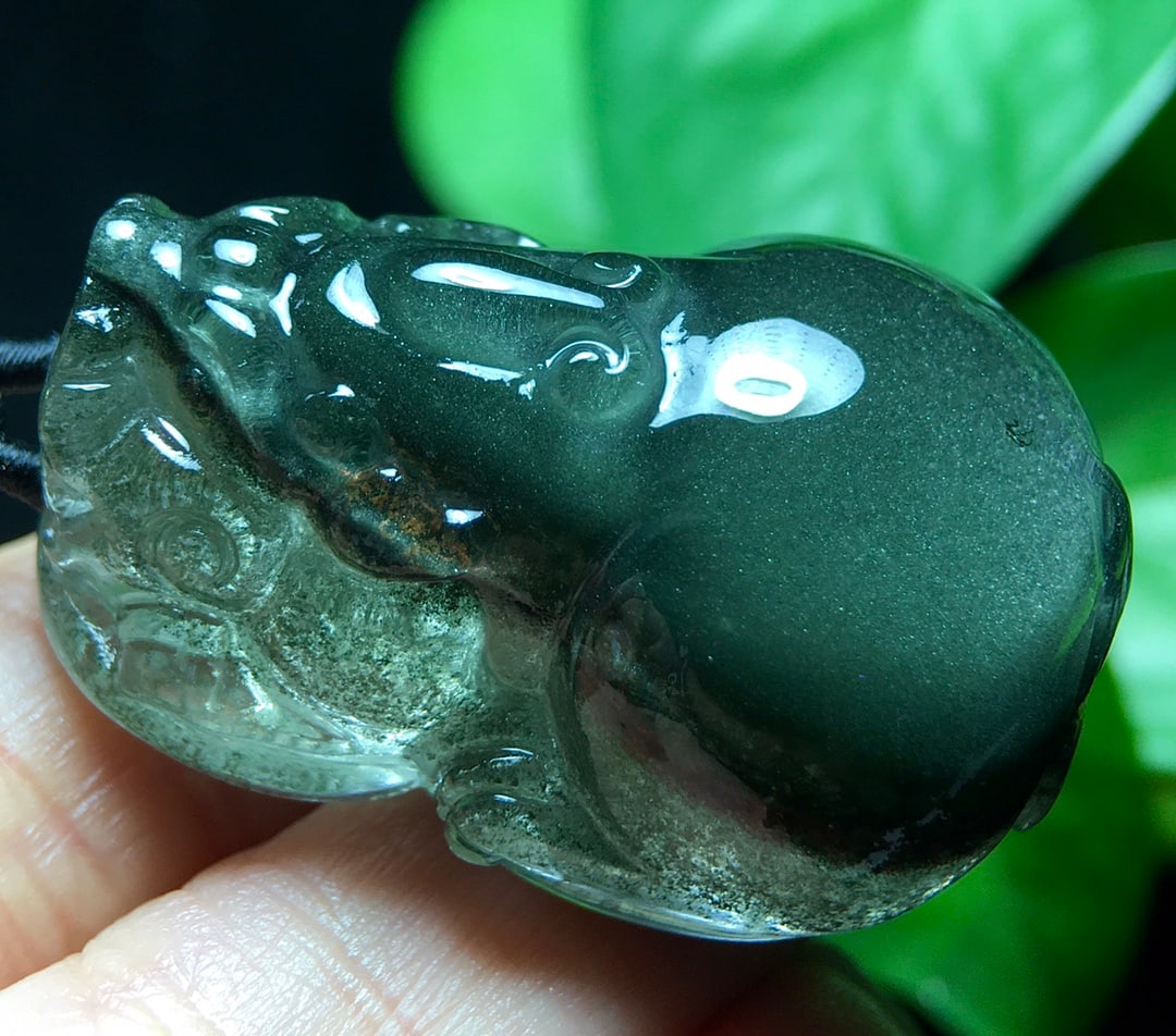 Green Crystal Hand-carved Pixiu Pendant w Certificate - 7