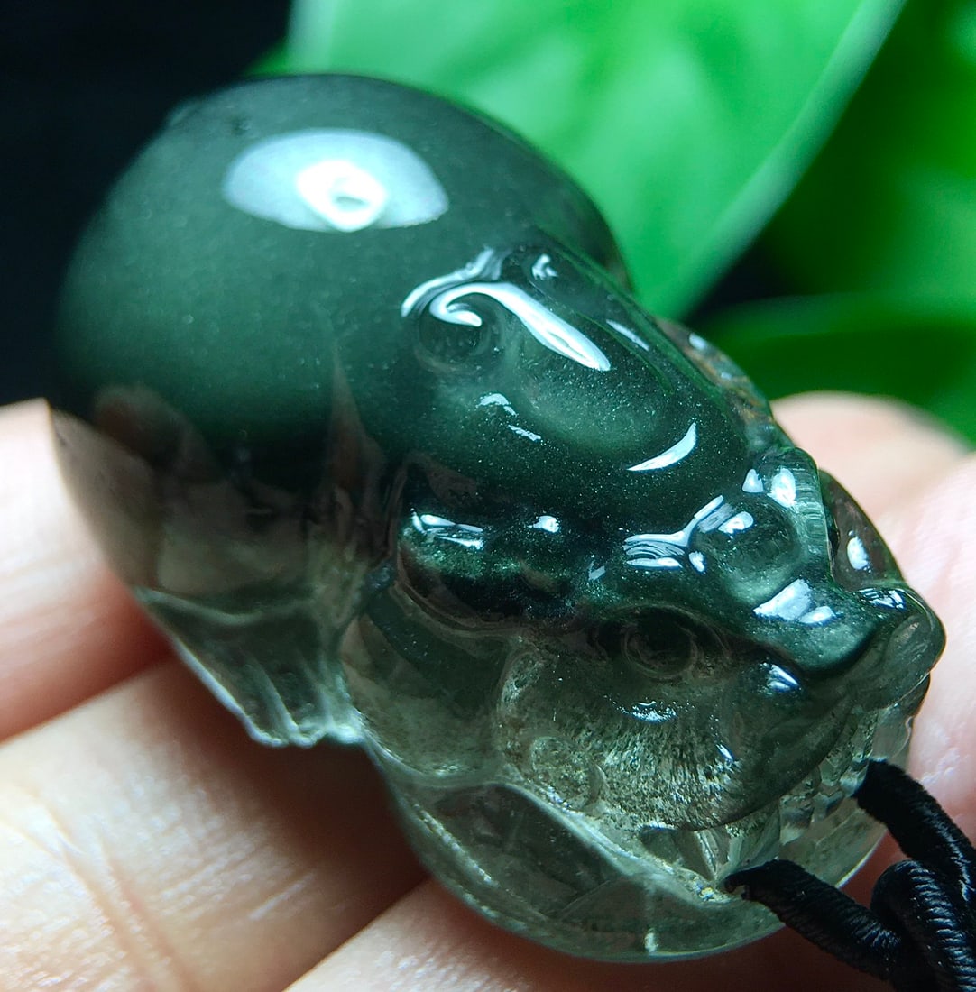Green Crystal Hand-carved Pixiu Pendant w Certificate - 8