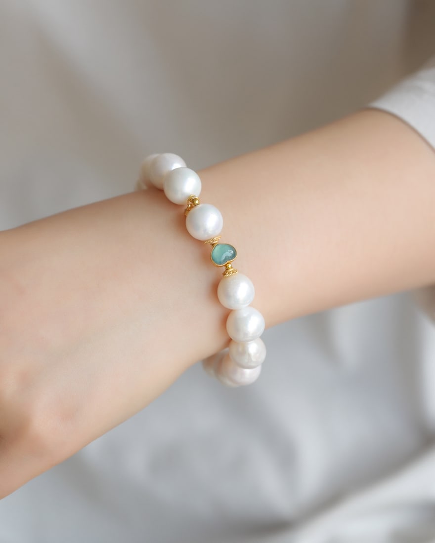 12mm Pearl & Silver Inlay Jadeite Bracelet Bangle - 5