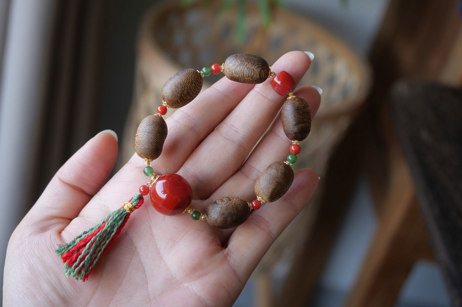 Hand knitting Chenxiang Wood,Nanhong Agate,Green Hetian Jade Bracelet Bangle - 3