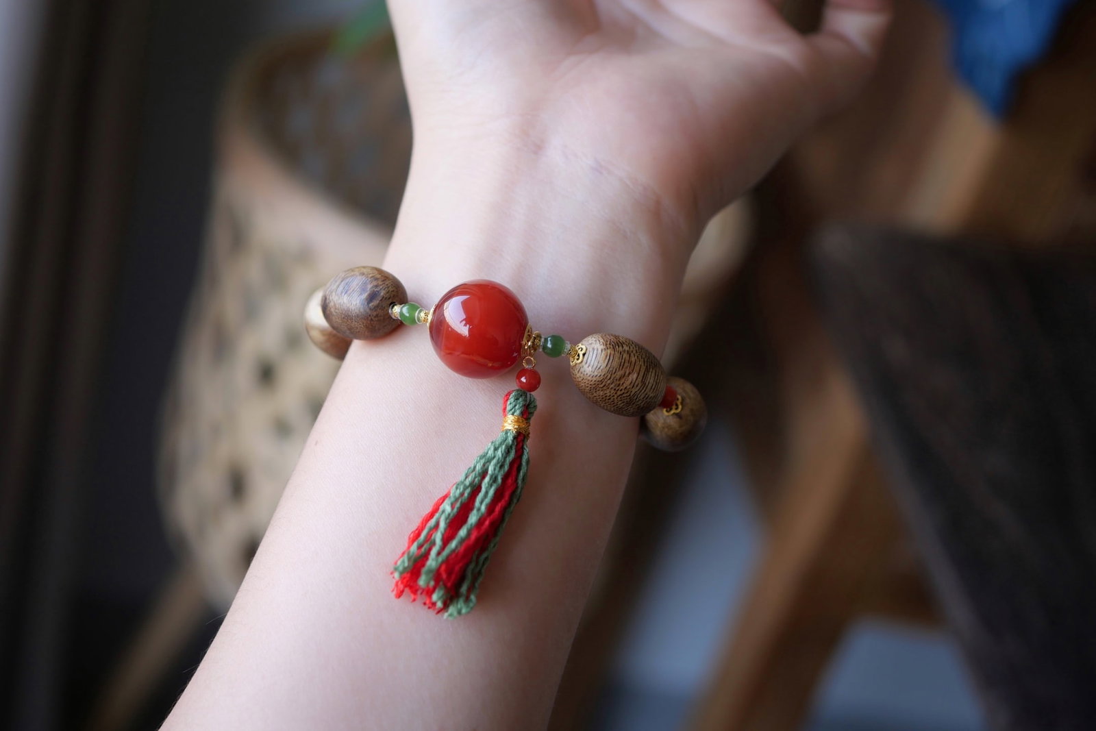 Hand knitting Chenxiang Wood,Nanhong Agate,Green Hetian Jade Bracelet Bangle - 4