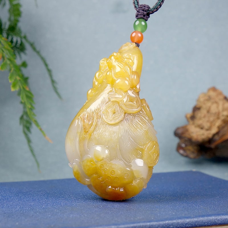 Natural Hetian Jade Hand-carved Lotus & Frog Pendant w Certificate - 2