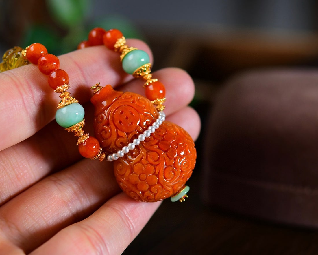 Red Jadeite Pendant Gourd & Necklace w Certificate - 2