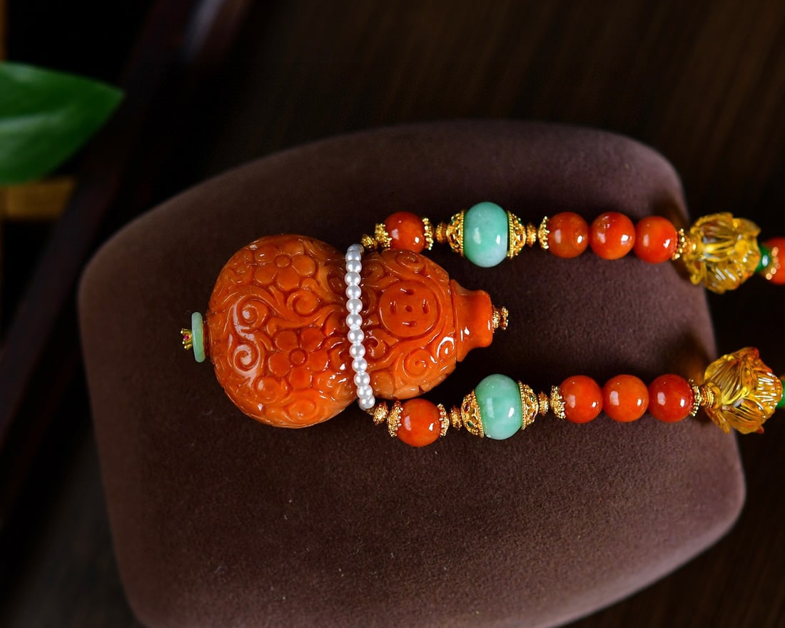 Red Jadeite Pendant Gourd & Necklace w Certificate - 3