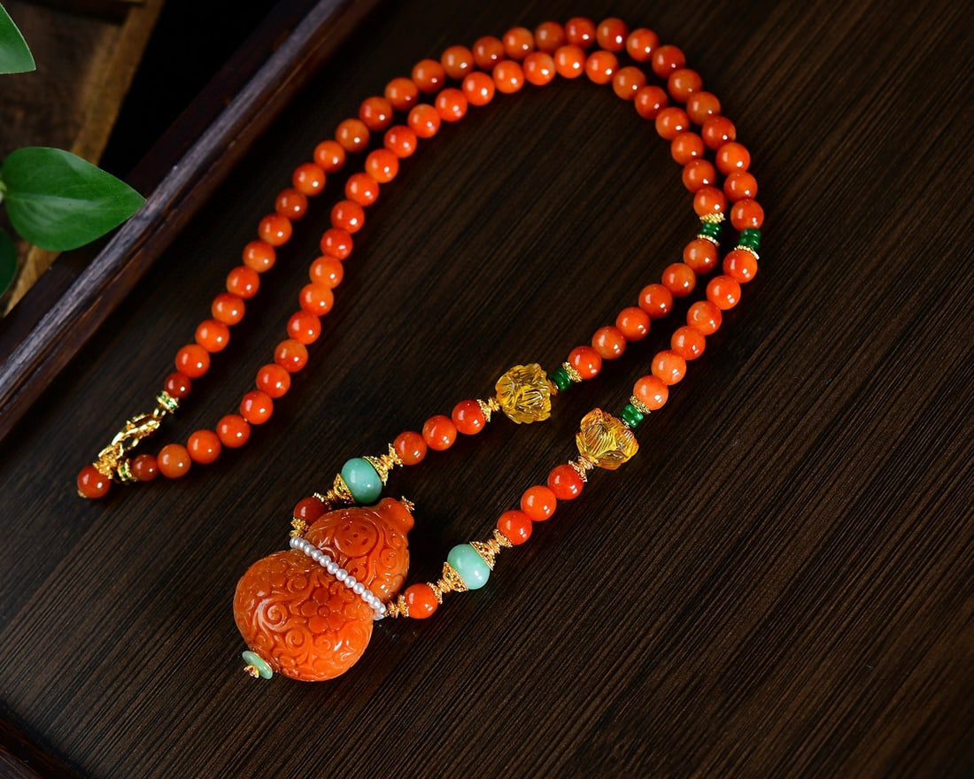 Red Jadeite Pendant Gourd & Necklace w Certificate - 4