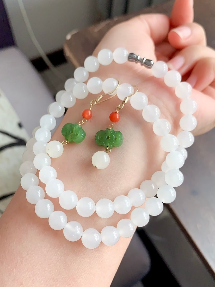 Hetian Jade Necklace,Green Hetian Jade,Red Agate Earrings - 2