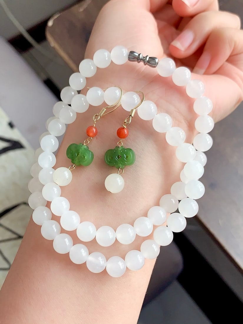 Hetian Jade Necklace,Green Hetian Jade,Red Agate Earrings - 3