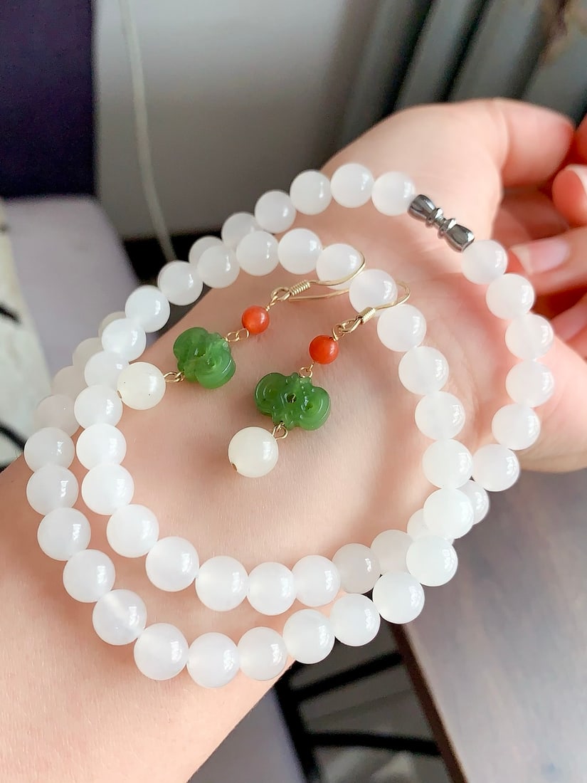 Hetian Jade Necklace,Green Hetian Jade,Red Agate Earrings - 7