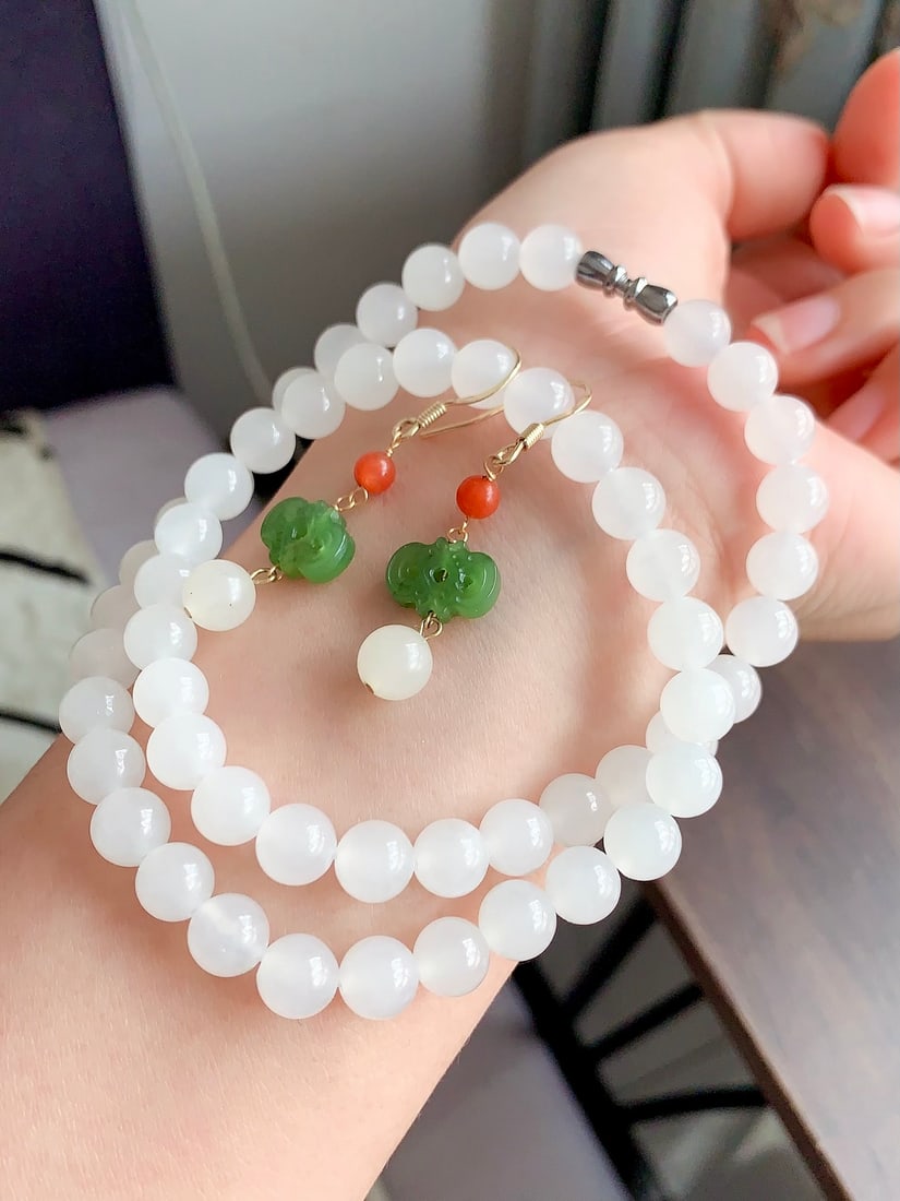 Hetian Jade Necklace,Green Hetian Jade,Red Agate Earrings - 9