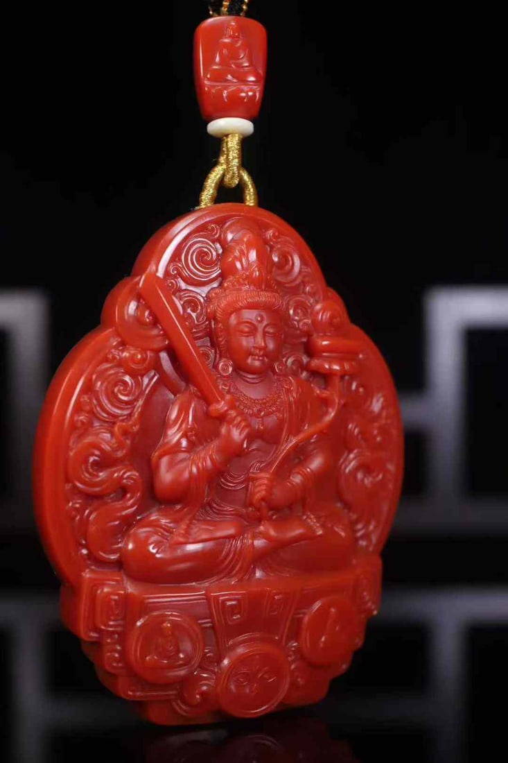 Natural Nanhong Agate Hand-Carved Manjusri & Lion Pendnat with Certificate - 2
