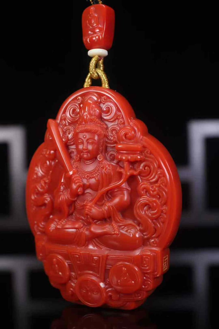 Natural Nanhong Agate Hand-Carved Manjusri & Lion Pendnat with Certificate - 3