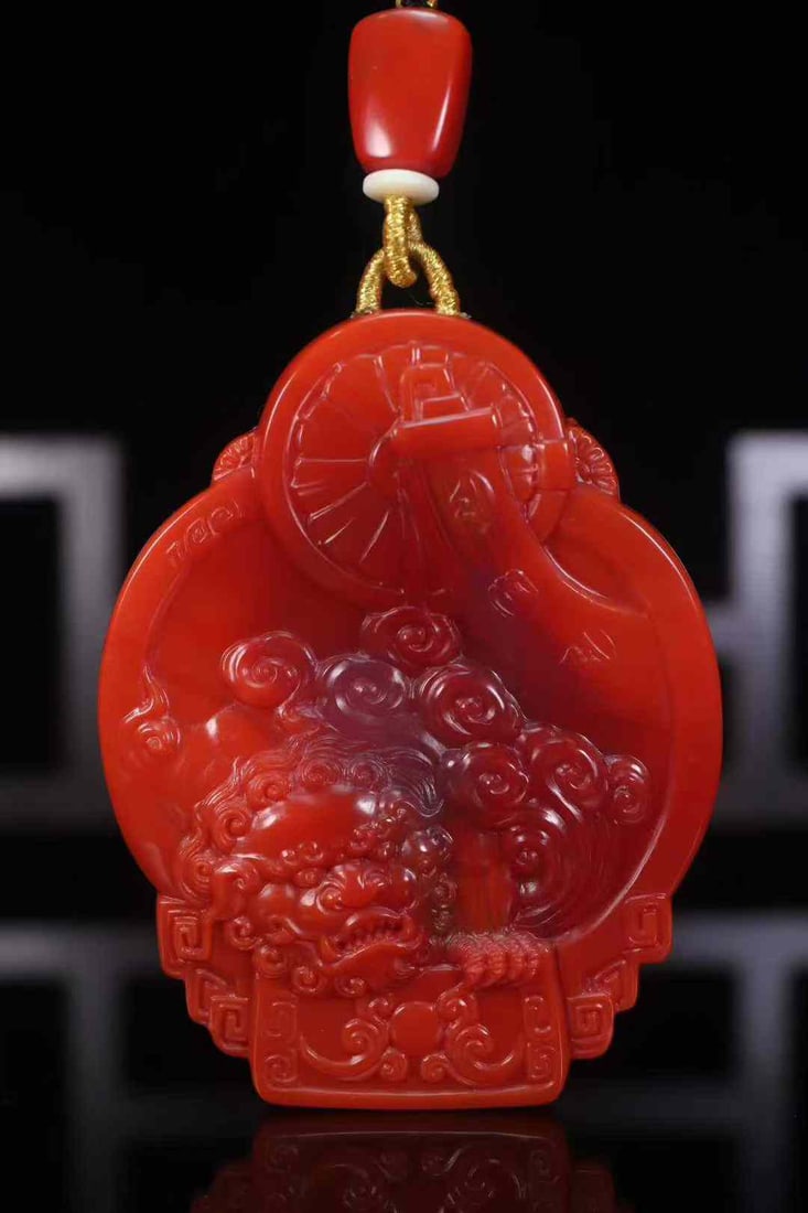 Natural Nanhong Agate Hand-Carved Manjusri & Lion Pendnat with Certificate - 4