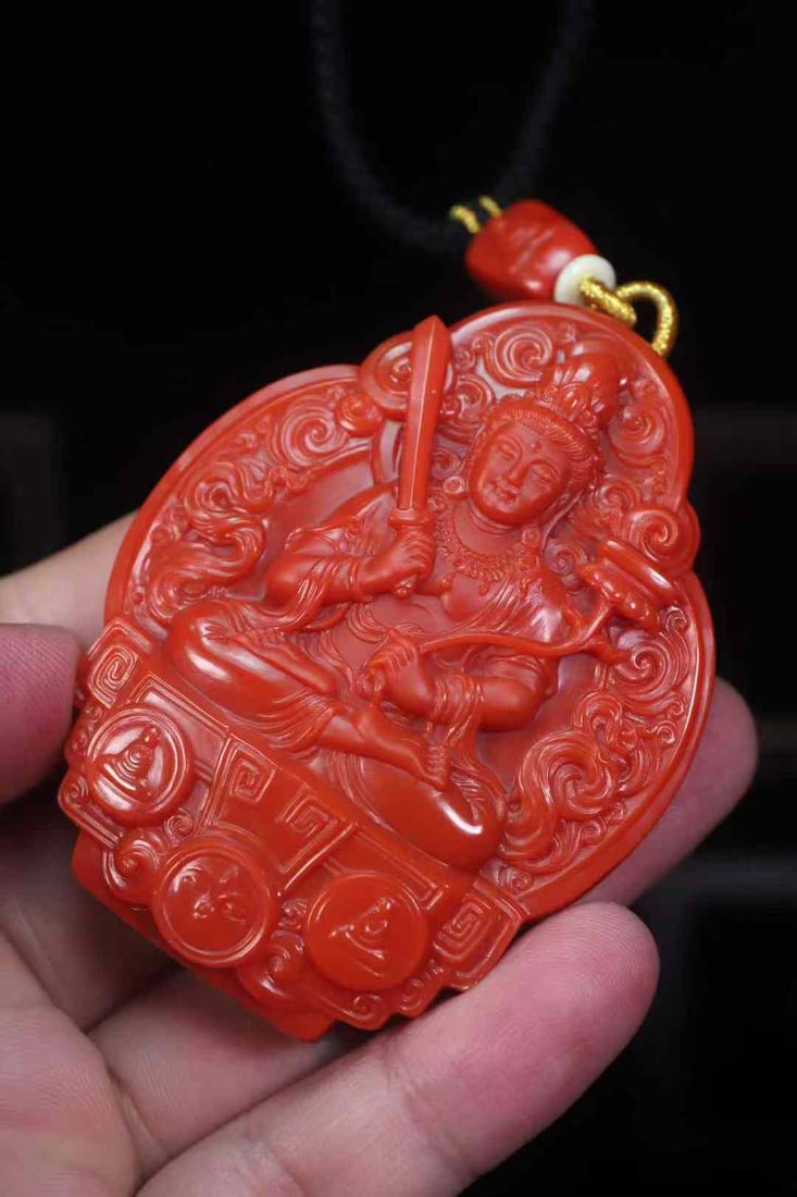 Natural Nanhong Agate Hand-Carved Manjusri & Lion Pendnat with Certificate - 5
