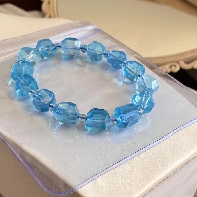 Natural Aquamarine Original Stone Beads Bracelet Bangle w Certificate - 3