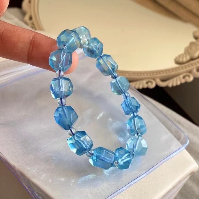 Natural Aquamarine Original Stone Beads Bracelet Bangle w Certificate - 4