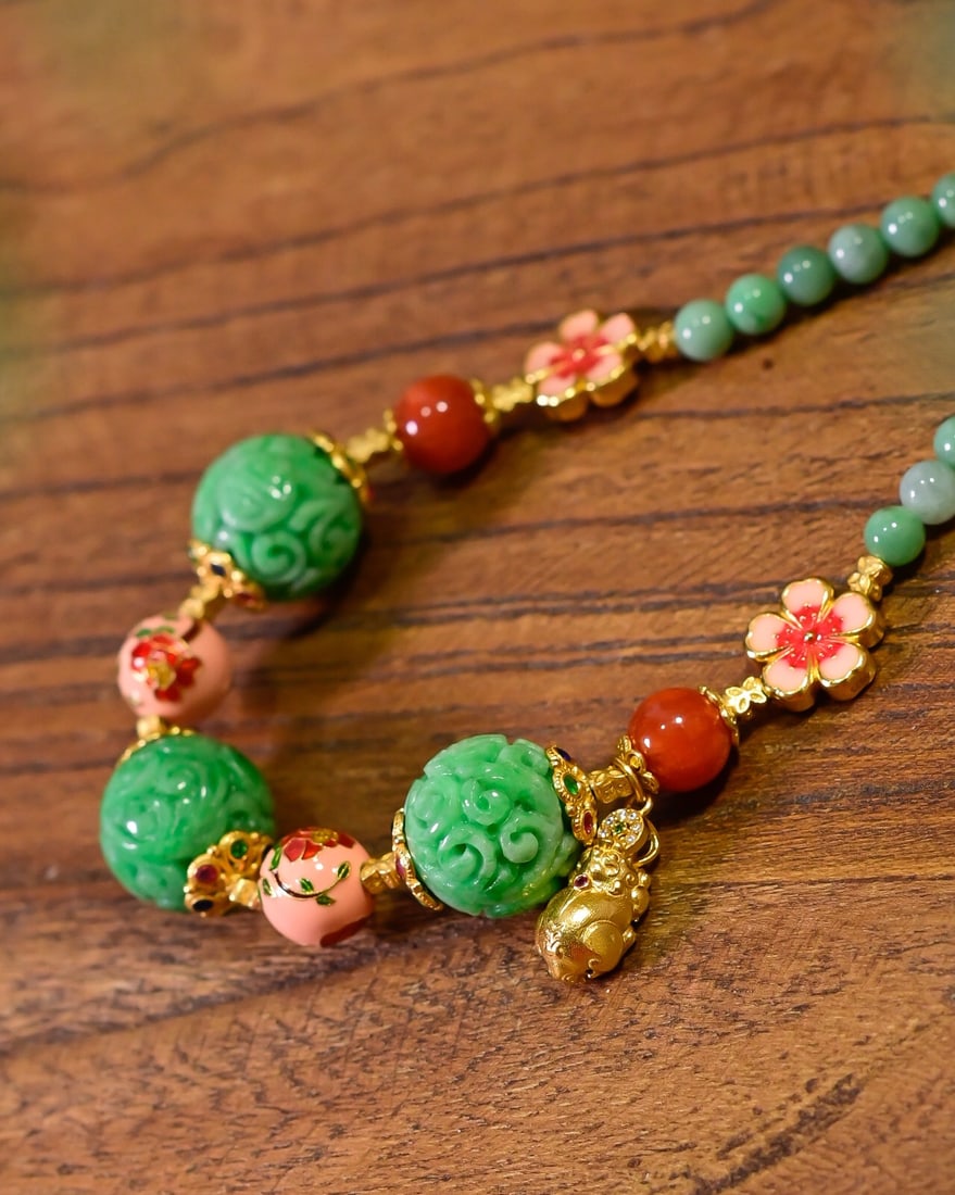 Hand knitting Green Jadeite,Nanhong Agate,Silver Necklace - 2