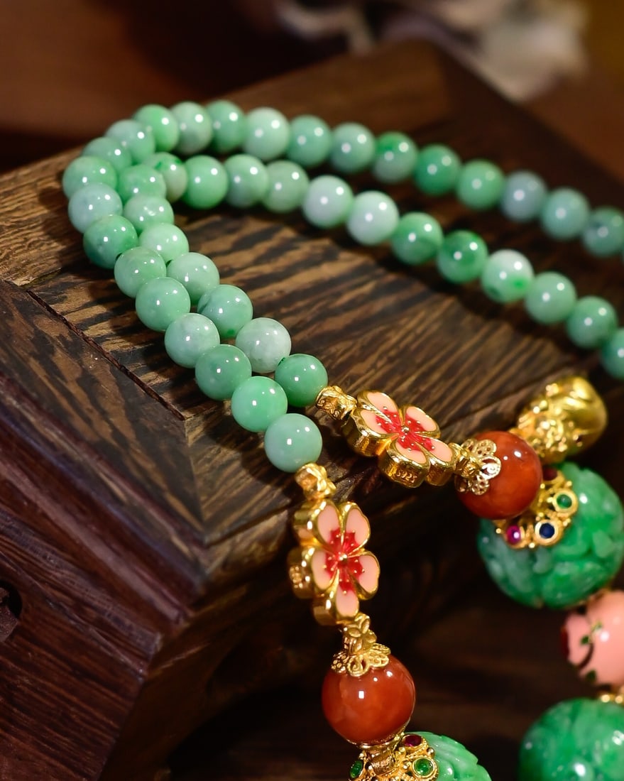 Hand knitting Green Jadeite,Nanhong Agate,Silver Necklace - 3