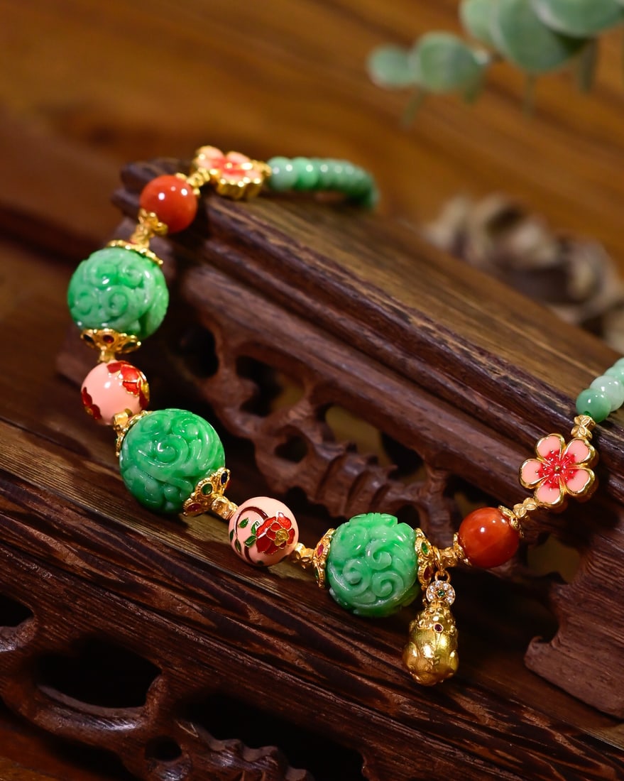 Hand knitting Green Jadeite,Nanhong Agate,Silver Necklace - 4