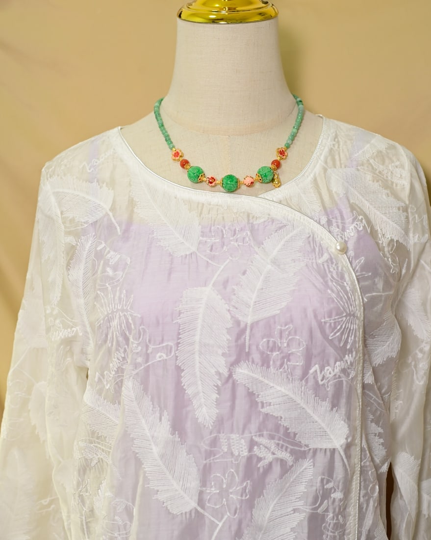 Hand knitting Green Jadeite,Nanhong Agate,Silver Necklace - 5