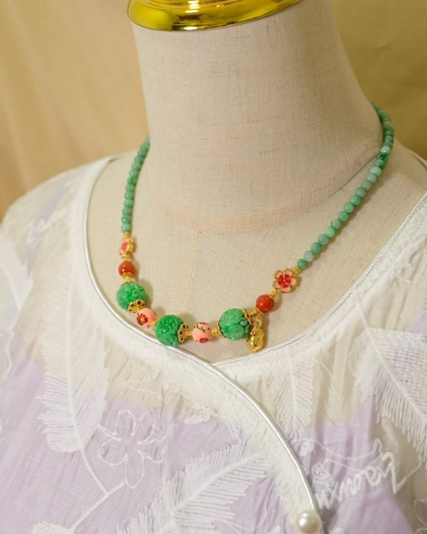 Hand knitting Green Jadeite,Nanhong Agate,Silver Necklace - 6