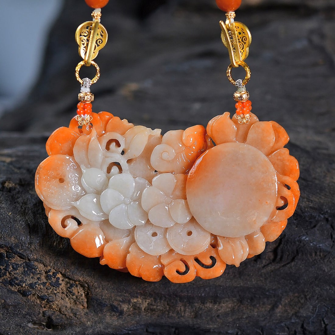 Red Jadeite Hand-Carved Phoenix Peony Pendant with Certificate - 2