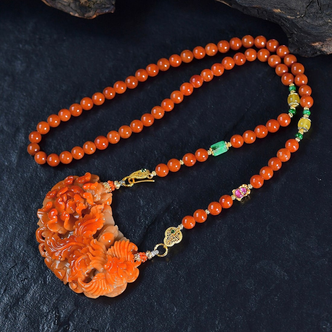 Red Jadeite Hand-Carved Phoenix Peony Pendant with Certificate - 3