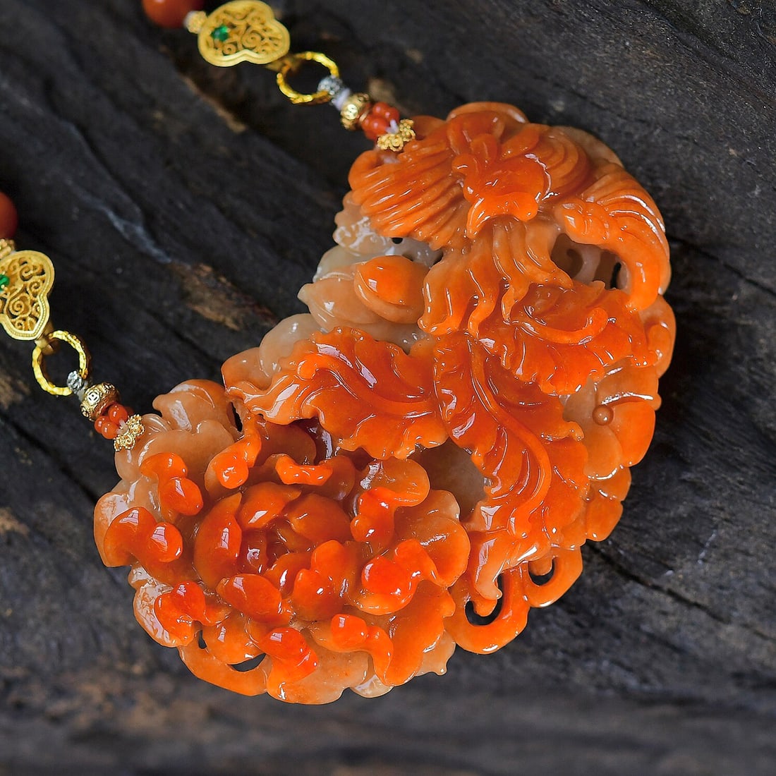 Red Jadeite Hand-Carved Phoenix Peony Pendant with Certificate - 4