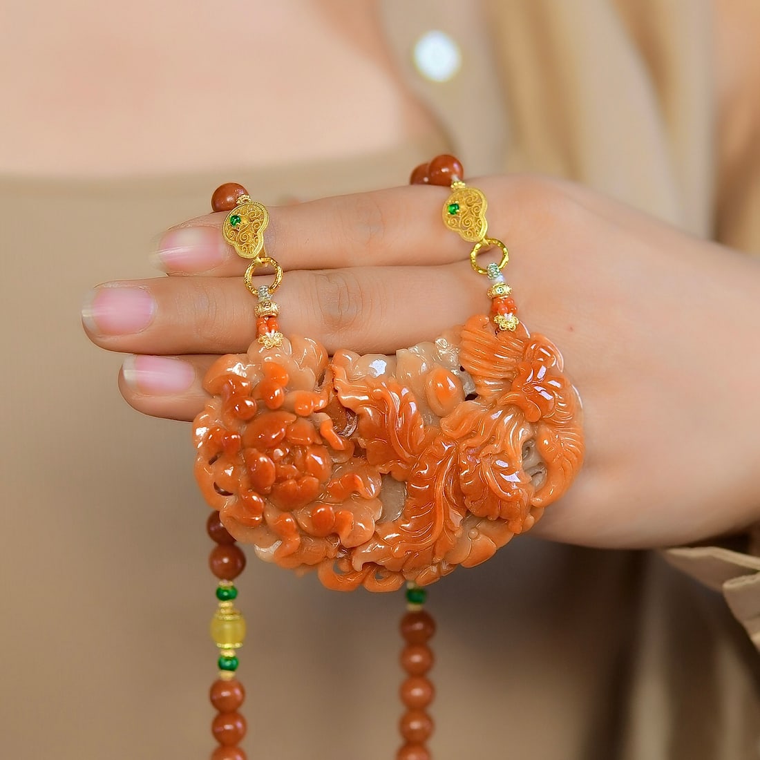 Red Jadeite Hand-Carved Phoenix Peony Pendant with Certificate - 6