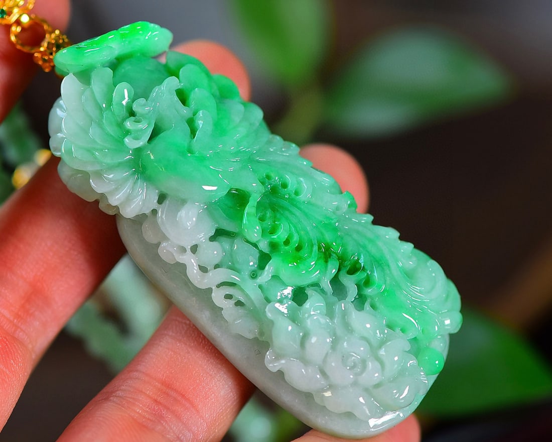 Green Jadeite Hand-Carved Phoenix Flower Pendant with Certificate - 2