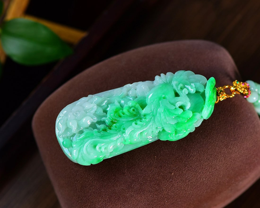 Green Jadeite Hand-Carved Phoenix Flower Pendant with Certificate - 3