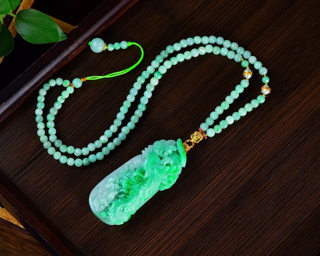Green Jadeite Hand-Carved Phoenix Flower Pendant with Certificate - 4