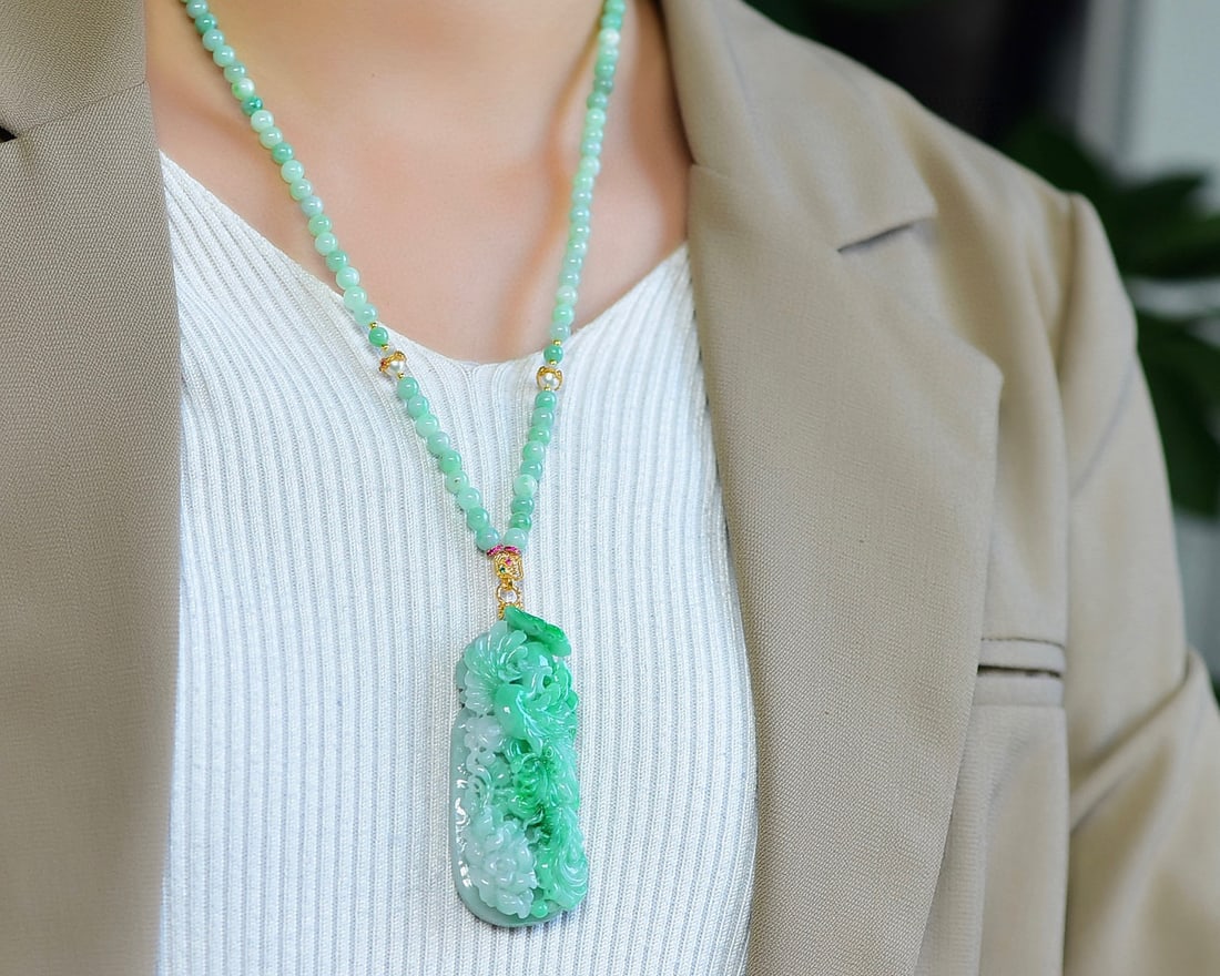 Green Jadeite Hand-Carved Phoenix Flower Pendant with Certificate - 6