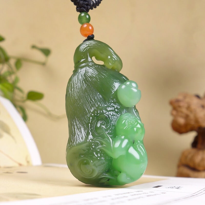 Green Hetian Jade Hand-Carved Fortune Toad,Lotus Pendant with Certificate - 2