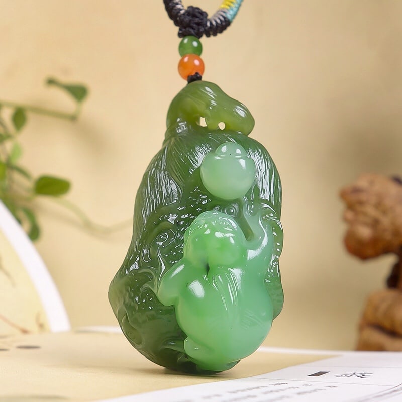 Green Hetian Jade Hand-Carved Fortune Toad,Lotus Pendant with Certificate - 3