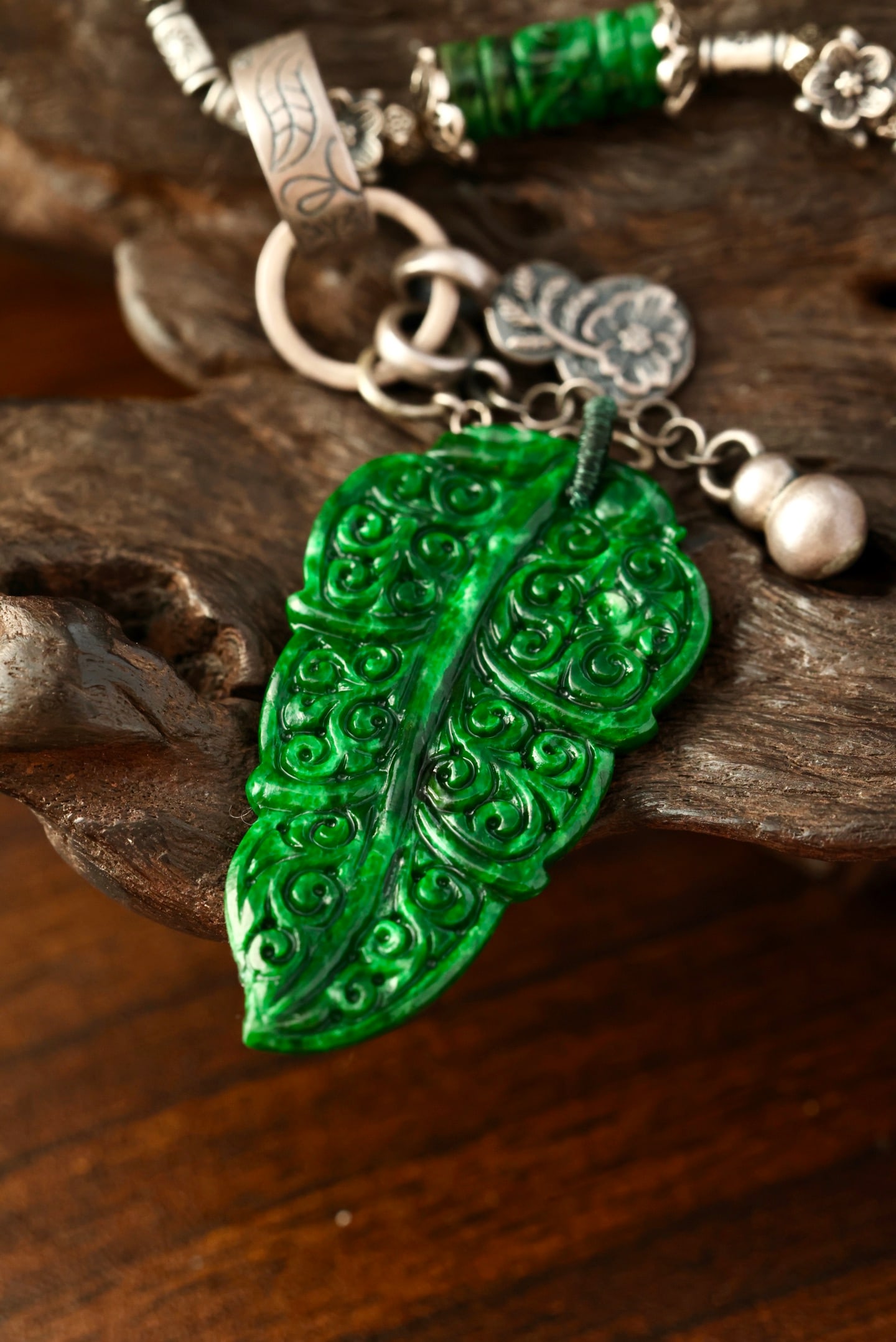 Green Jadeite Leaf Pendant & Green Jadeite,Pure Silver Necklace - 2
