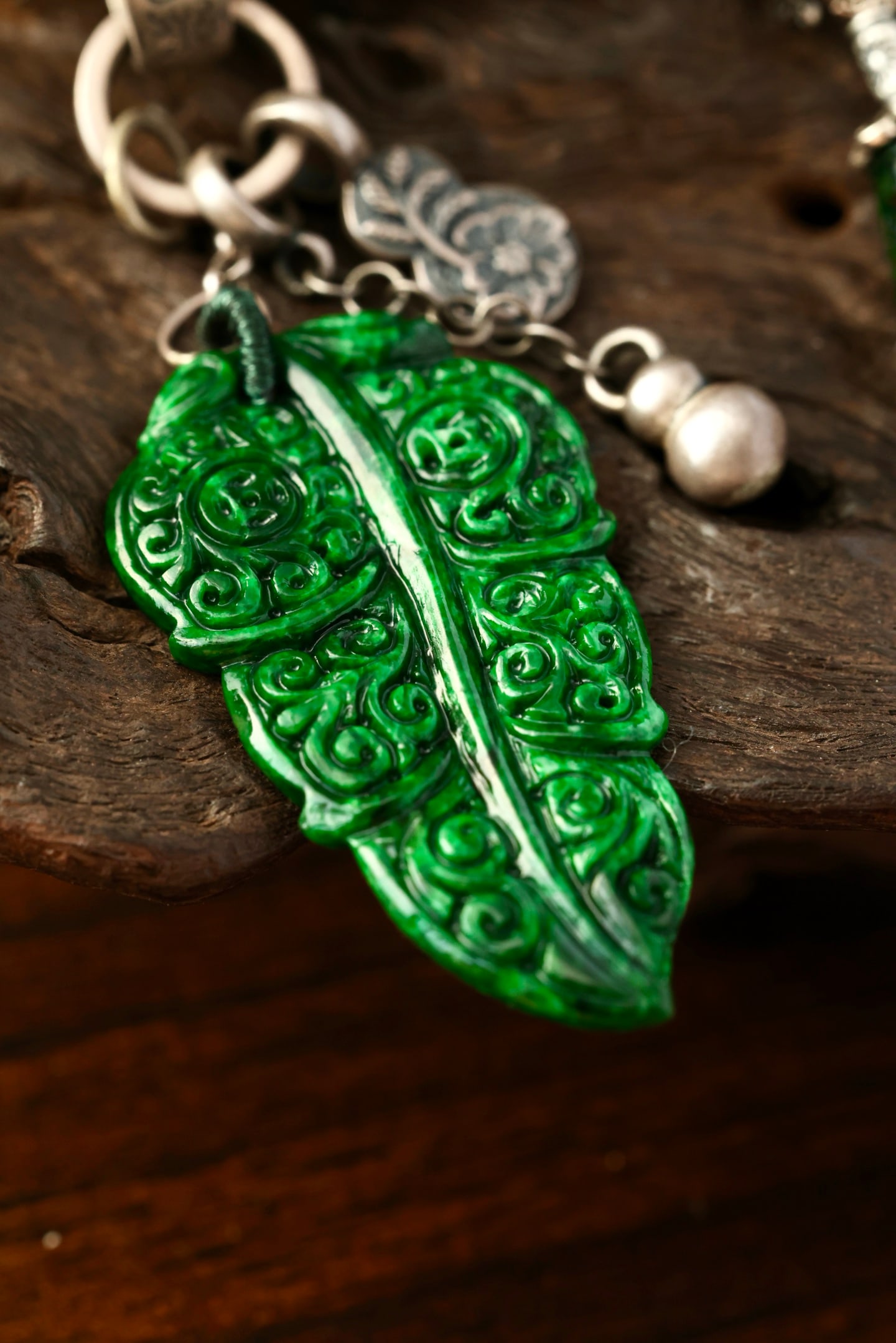 Green Jadeite Leaf Pendant & Green Jadeite,Pure Silver Necklace - 3