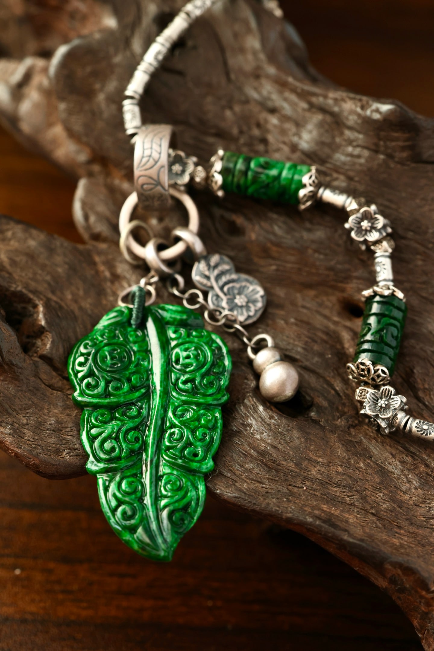 Green Jadeite Leaf Pendant & Green Jadeite,Pure Silver Necklace - 4