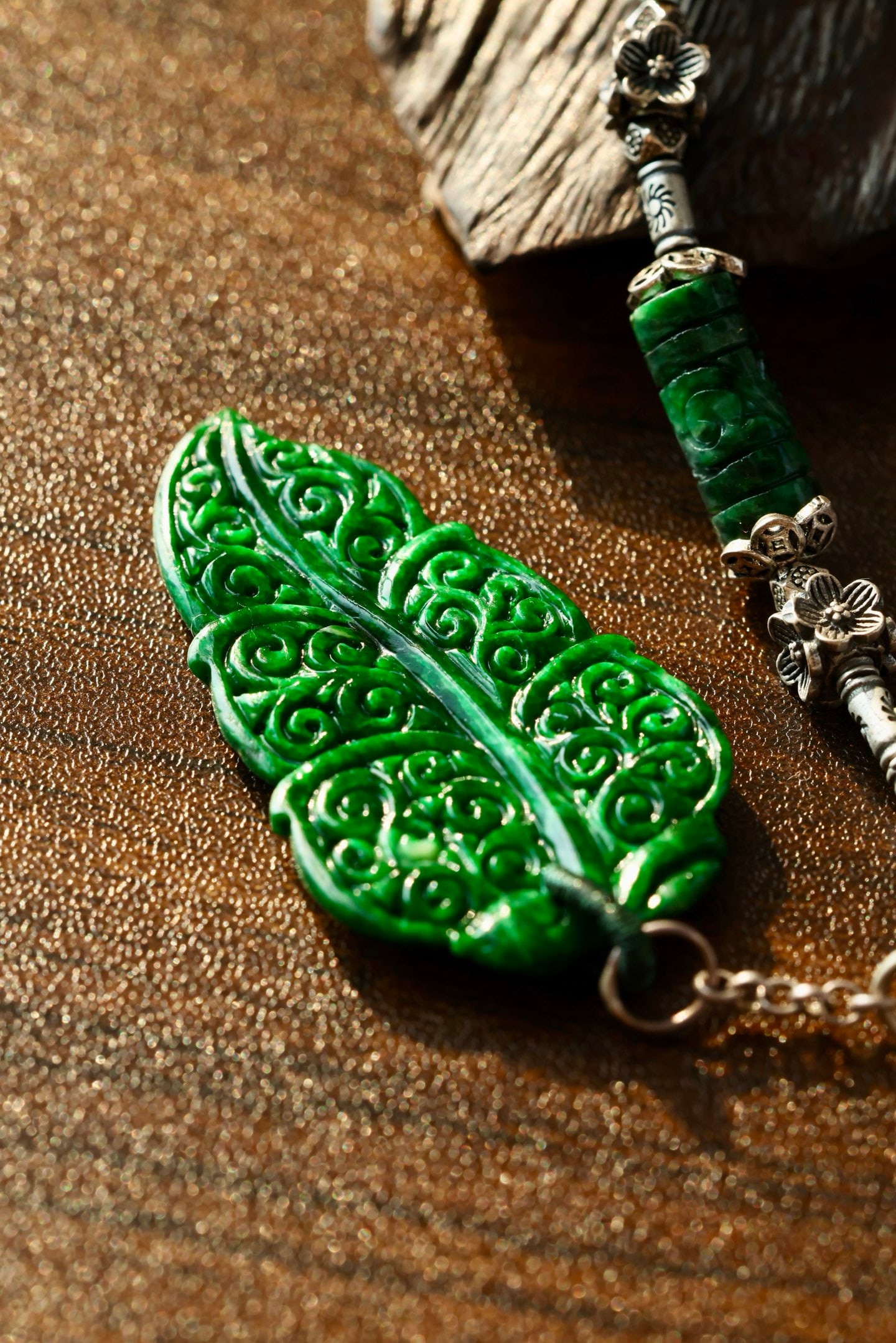 Green Jadeite Leaf Pendant & Green Jadeite,Pure Silver Necklace - 5