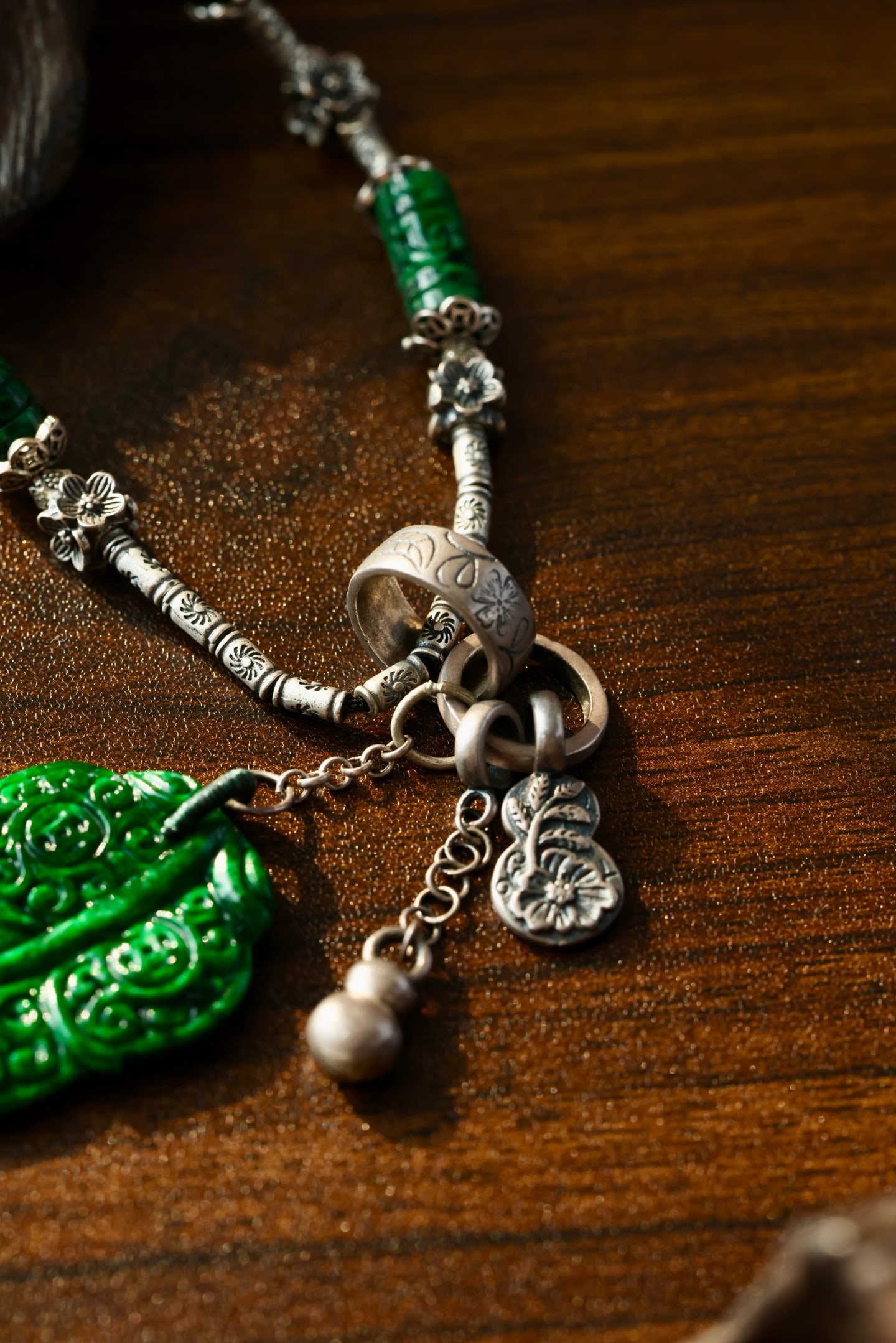 Green Jadeite Leaf Pendant & Green Jadeite,Pure Silver Necklace - 6