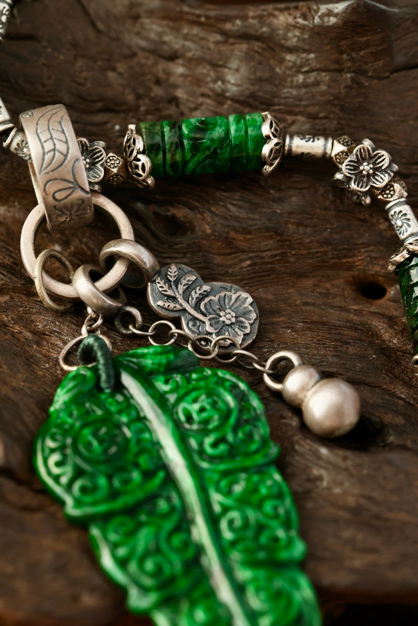 Green Jadeite Leaf Pendant & Green Jadeite,Pure Silver Necklace - 9