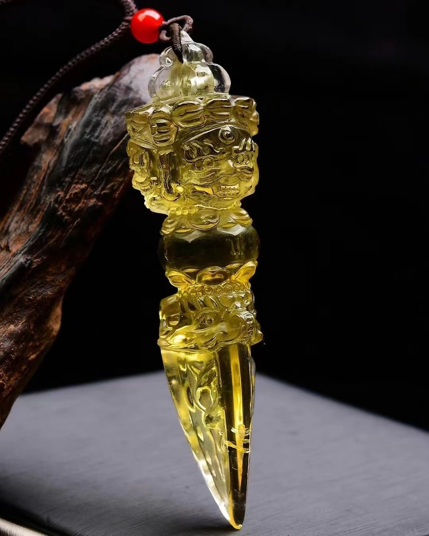 Yellow Citrine Pestle Xiangmo Pendant w Certificate - 3