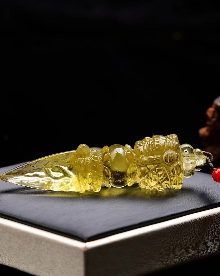 Yellow Citrine Pestle Xiangmo Pendant w Certificate - 4
