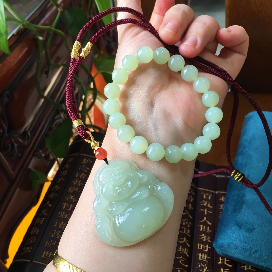 A Set Hetian Jade Laughing Buddha Pendant & Hand Chain - 4