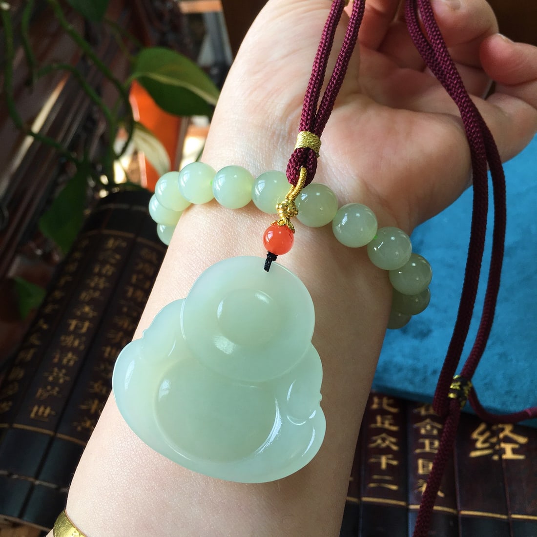 A Set Hetian Jade Laughing Buddha Pendant & Hand Chain - 5