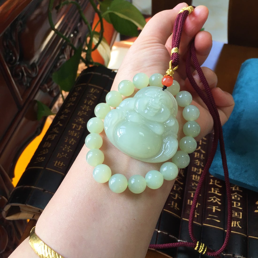 A Set Hetian Jade Laughing Buddha Pendant & Hand Chain - 7