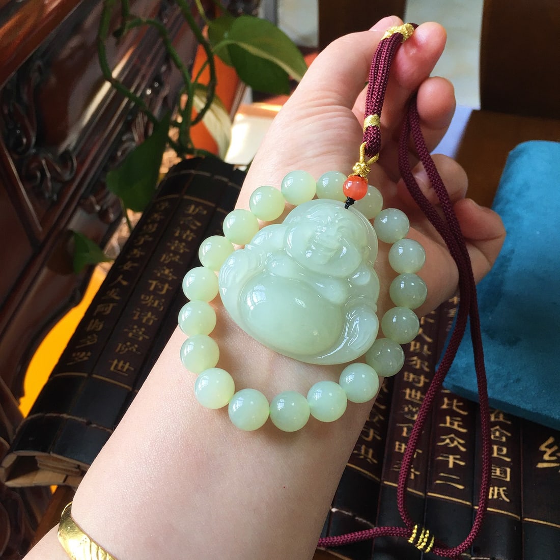 A Set Hetian Jade Laughing Buddha Pendant & Hand Chain - 8