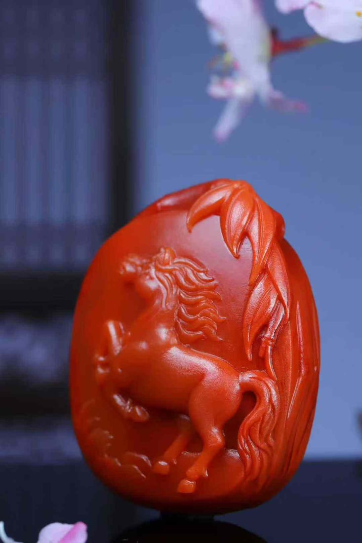 Natural Nanhong Agate Hand-Carved Horse Pendant with Certificate - 3